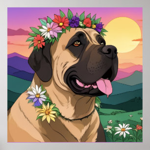 Affiche Mastiff dogue anglais avec couronne de fleurs fête