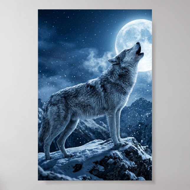 Affiche mate Loup Gris Hurleur Montagne enneigée (Devant)