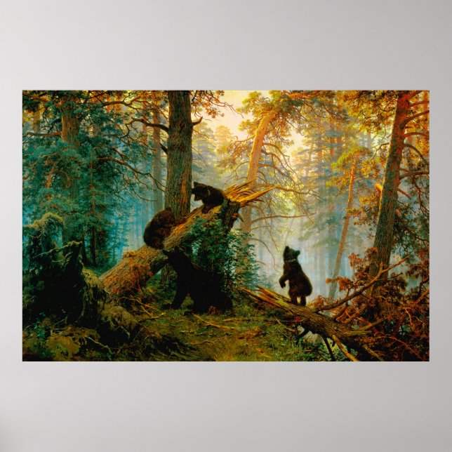 Affiche Matin dans une forêt de pins Ours avec oursons Shi (Devant)