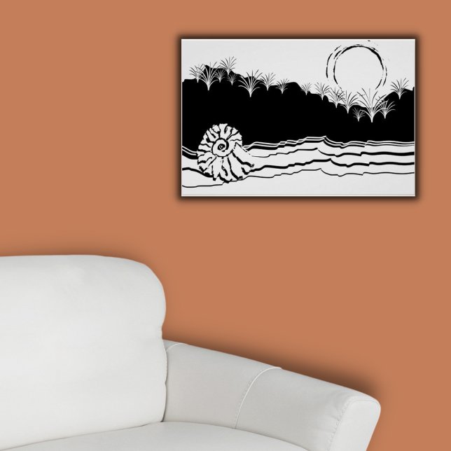 Affiche Matin Noir & Blanc Minimaliste Calme À La Plage (Abstract Black and  White Beach Scene, poster on orange wall)