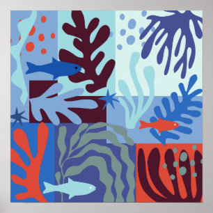 Affiche Matisse Inspiré Ocean Life Papier Coupes Bleu