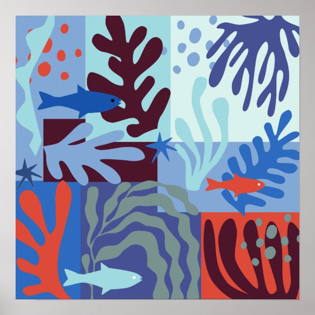 Affiche Matisse Inspiré Ocean Life Papier Coupes Bleu (Devant)