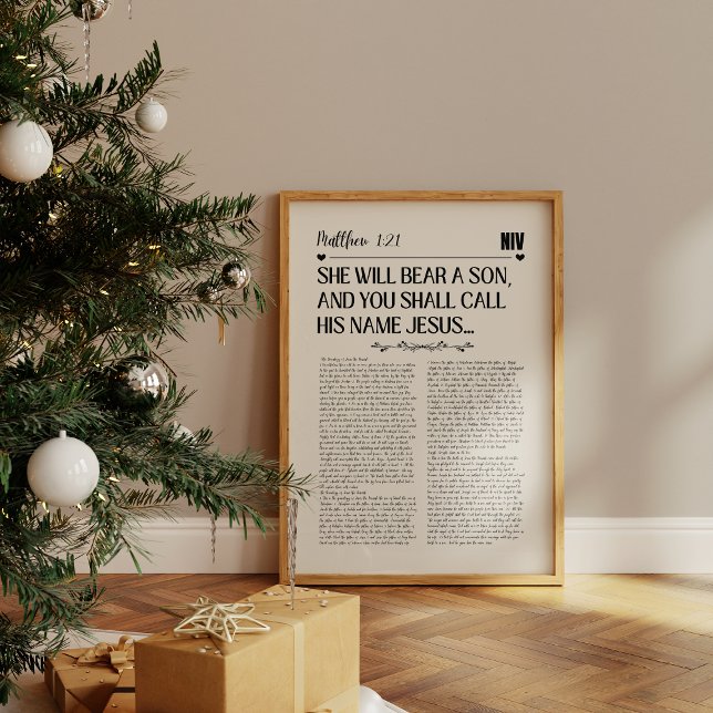 Affiche Matthieu 1:21 Mur de Noël Imprimer (A framed Christian scripture print with text from psalm Matthew 1:21 in bold black on a beige paper.)