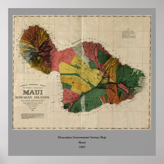 Affiche Maui - Carte Vintage de l'Antiquaire Hawaï, 1885 (Devant)