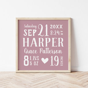 Affiche Mauve Baby Girl Birth Stats Keepsaké