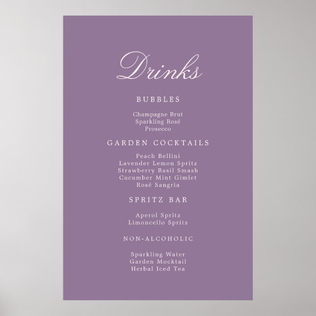 Affiche Mauve Calligraphy Wedding Drinks Menu Sign (Devant)