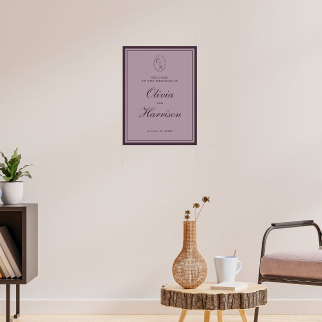 Affiche Mauve Plum Monogram Wedding Welcome Sign (Salon 3)