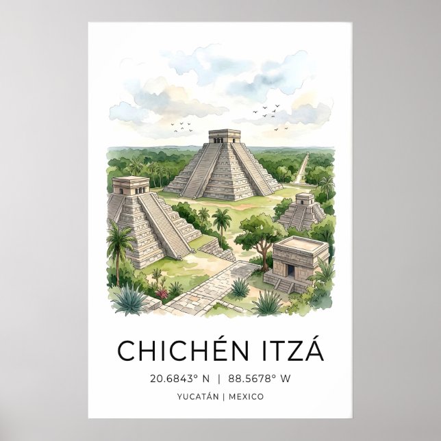 Affiche Mayan Travel Art Print, Chichen Itza Pyramid, Palm (Devant)