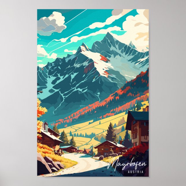 Affiche Mayrhofen Autriche illustration de voyage vintage (Devant)