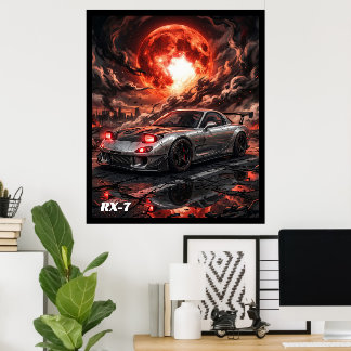 Affiche Mazda RX-7 sous une lune cramoisie