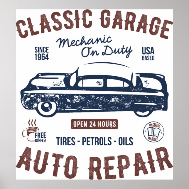 Affiche Mécanicien de garage de voiture classique en servi (Devant)