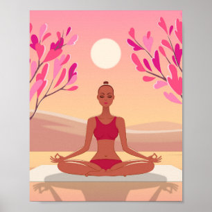 Affiche Médaille de Yoga Jeune femme Padmasana rose or