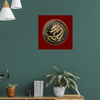 Affiche Médaillon de dragon sacré oriental en or