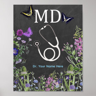 Affiche Médecin MD Stéthoscope Floral Personnalisé