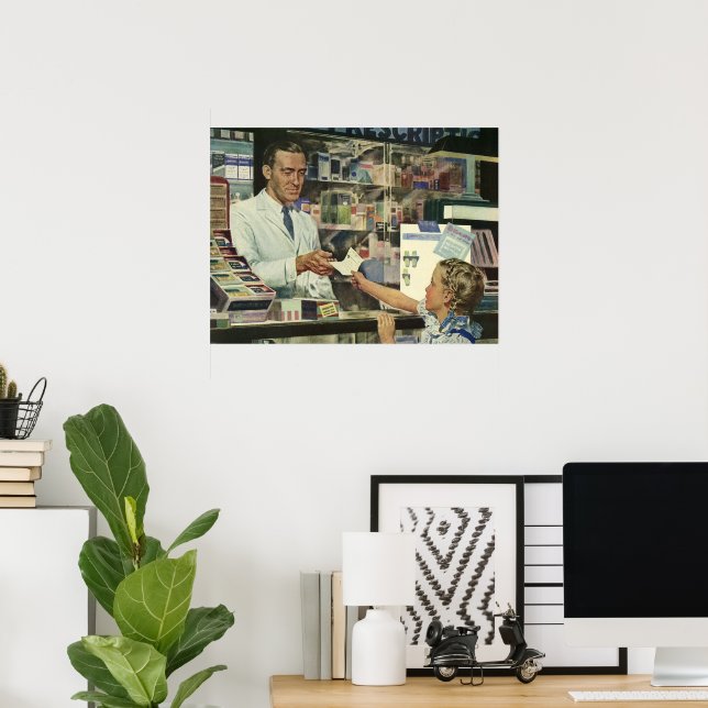 Affiche Médecine vintage, pharmacienne et fille en pharmac (Bureau à domicile)