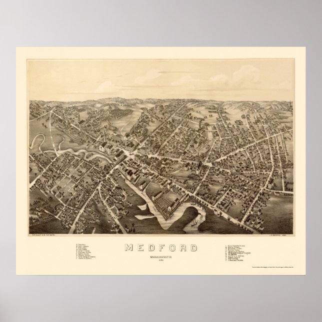Affiche Medford, MA Carte panoramique - 1880 (Devant)