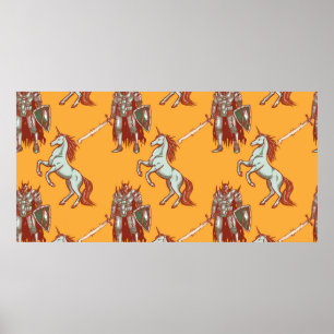 Affiche medieval knight and unicorn seamless pattern