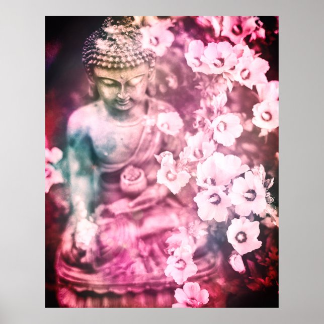 Affiche *~* Méditation Bouddha Zen Méditer Fleurs rose (Devant)