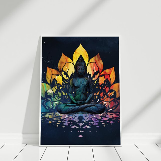 Affiche Méditation colorée Bouddha Universe Wall Art (Colorful Meditating Buddha Universe Wall Art in white frame against white wall.)