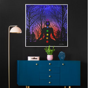 Affiche Méditation dans le parc   Yoga, arbres et coucher