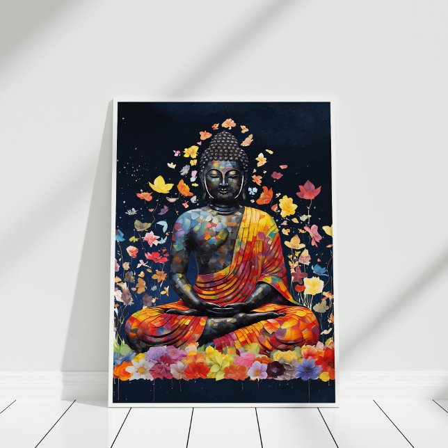Affiche Méditer le Bouddha avec des Fleurs sauvages coloré (Meditating Buddha with Colorful Wildflowers Poster in white frame against white wall.)