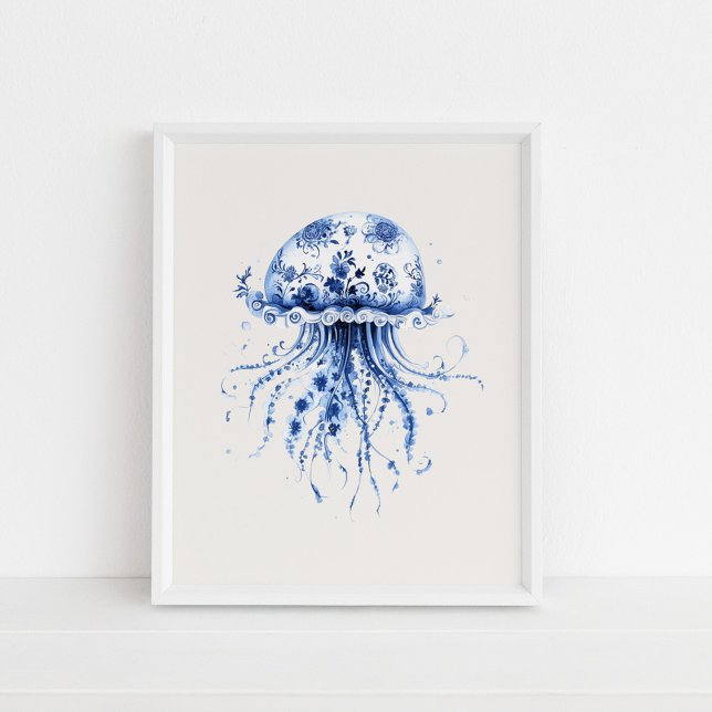Affiche Méduse - Bleu côtier sur Mur beige Art (Jellyfish – Coastal Blue on Beige Wall Art in a white frame on the floor.)