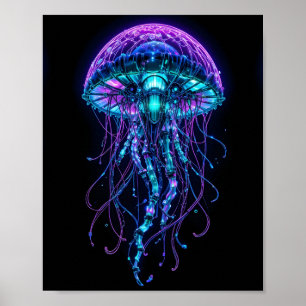 Affiche Méduse Cyberpunk – Néon Bioluminescent Profond