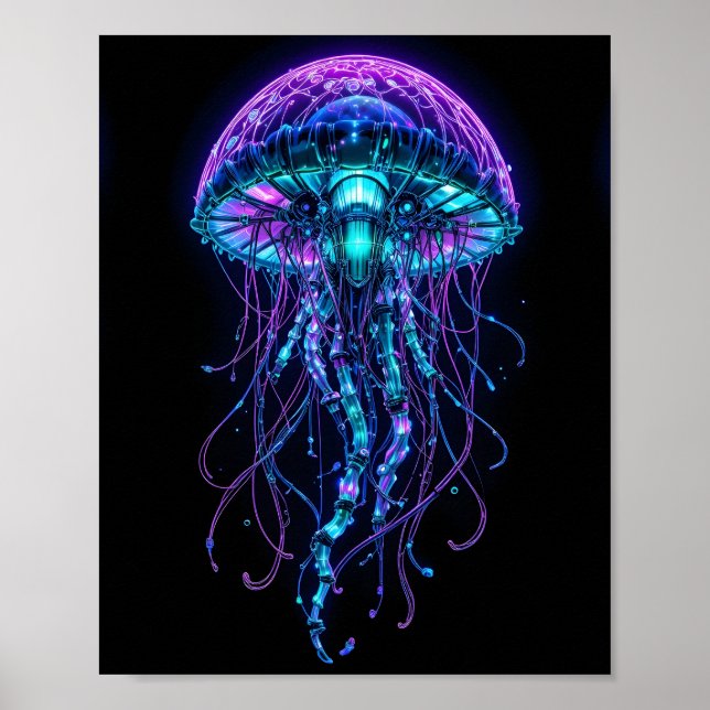 Affiche Méduse Cyberpunk – Néon Bioluminescent Profond (Devant)