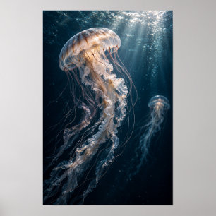 Affiche Méduse Lumineuse Derivant à Travers l'Océan Bleu P
