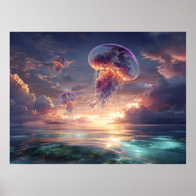 Affiche Méduses lumineuses dans les cieux du coucher de so (Devant)