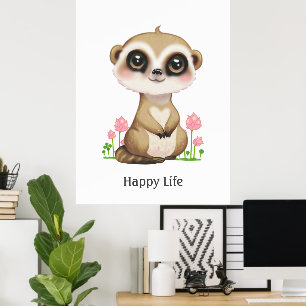 Affiche Meerkat mignonne et fleurs heureux