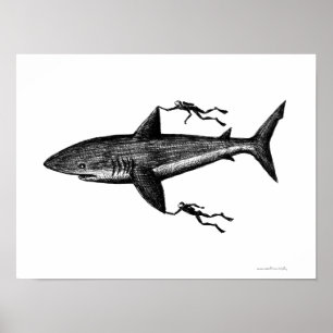 Affiche Megalodon requin et plongeurs cool encre dessin