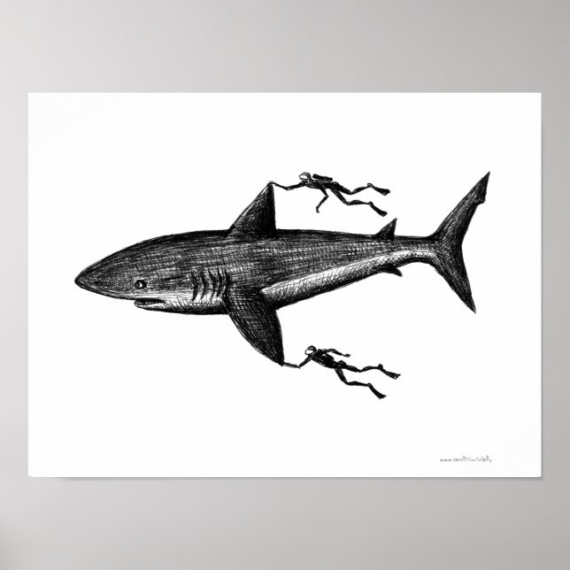 Affiche Megalodon requin et plongeurs cool encre dessin (Devant)