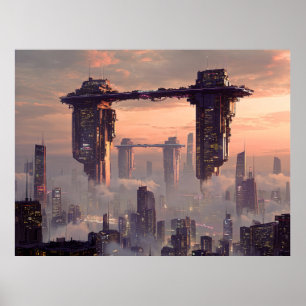 Affiche Mégastructures flottantes futuristes au-dessus de
