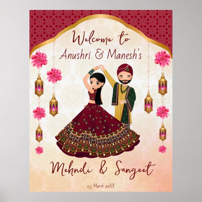 Affiche Mehndi sangeet dansant couple indien lotus Arabe (Devant)