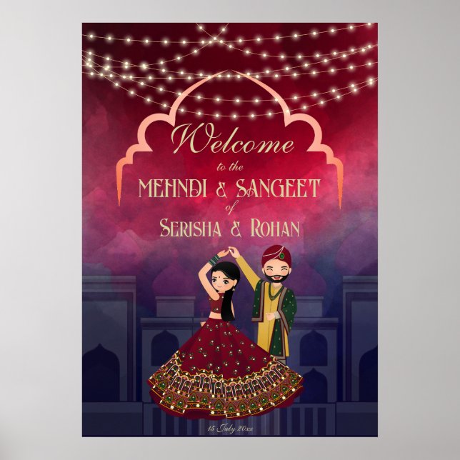 Affiche Mehndi Sangeet fée lumières danser couple bienvenu (Devant)