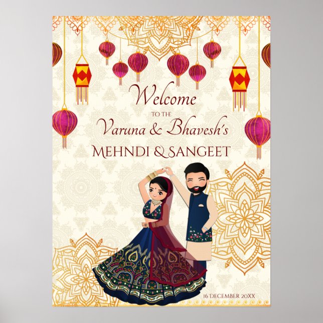 Affiche Mehndi & sangeet manadala et couple indien mignon (Devant)