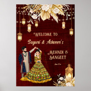Affiche Mehndi Sangeet maroon de danse bienvenue