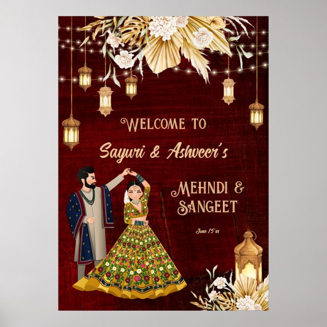 Affiche Mehndi Sangeet maroon de danse bienvenue (Devant)