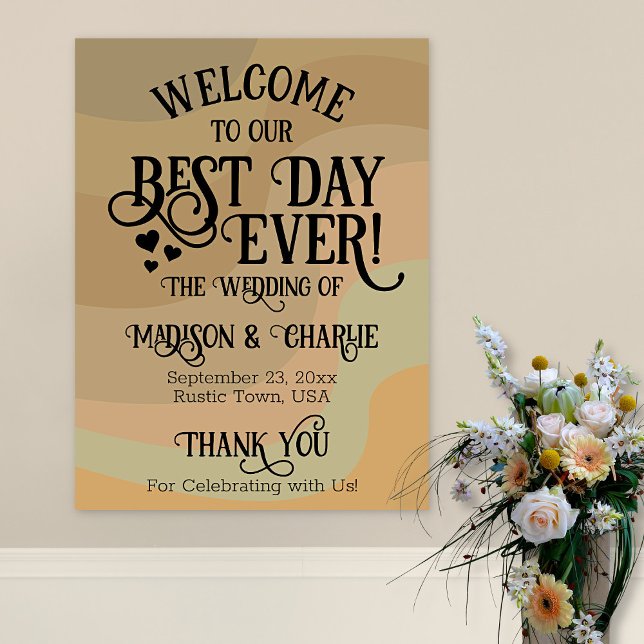 Affiche Meilleur Jour Jamais Earthtone Retro Mariage Bienv (In Situ on Wall with Flowers)