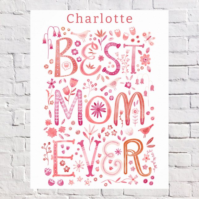 Affiche Meilleure couleur d'eau personnalisée pour maman (Best Mom Ever personalized name poster with watercolor hand lettering)