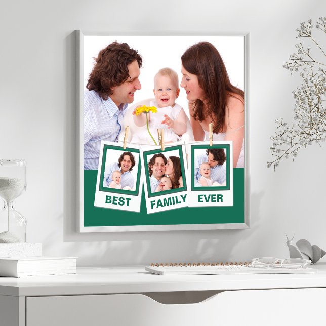 Affiche Meilleure famille jamais Collage de 4 photos vert  (Créateur téléchargé)