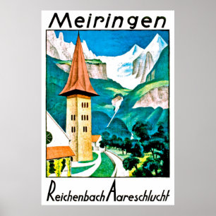 Affiche Meiringen, village, Suisse, voyage vintage