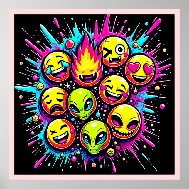 Affiche Mélange d'Emoji Néon Funky (Devant)