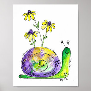 Affiche Mélange Whimsical Happy Snail avec Fleurs Jaunes