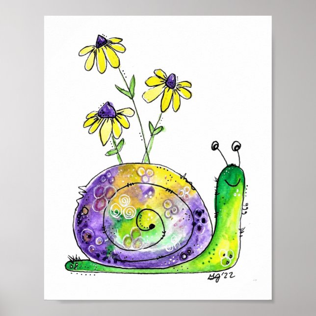 Affiche Mélange Whimsical Happy Snail avec Fleurs Jaunes (Devant)