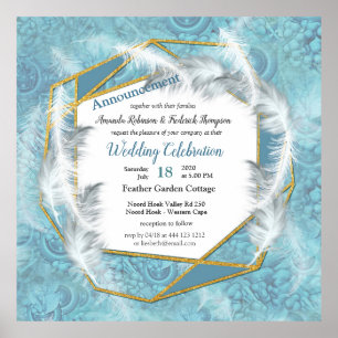 Affiche Mélanger Motif bleu, plumes et cadre or