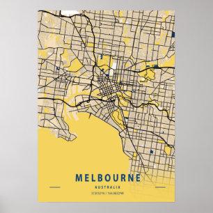 Affiche Melbourne - Australie Carte de la ville jaune