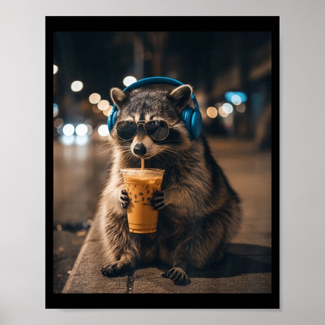 Affiche Mème d'animal drôle raton laveur buvant du café gl (Devant)