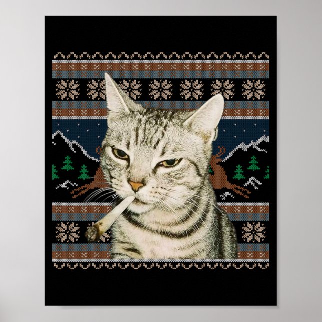 Affiche Mème de chat drôle fumant Pull de Noël laid Chat  (Devant)